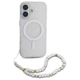 Guess IML Glitter With Pearl Strap MagSafe dėklas iPhone 16 - skaidrus
