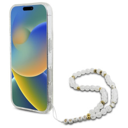 Guess IML Glitter With Pearl Strap MagSafe dėklas iPhone 16 - skaidrus