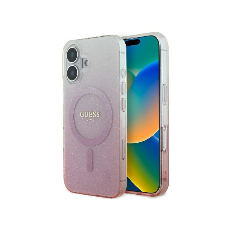 Guess IML Glitter Gradient MagSafe dėklas iPhone 16 - rožinis