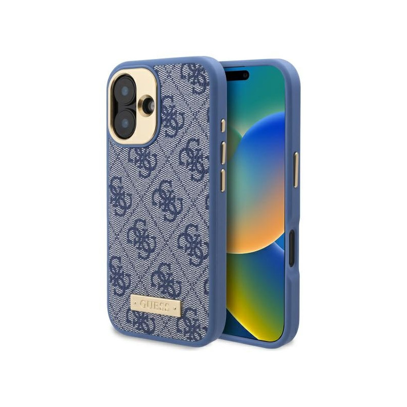 Guess 4G Logo Plate MagSafe dėklas iPhone 16 - mėlynas