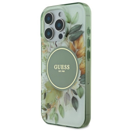 Guess IML Flower & Tonal Circle MagSafe dėklas, skirtas iPhone 16 Pro Max - žalias