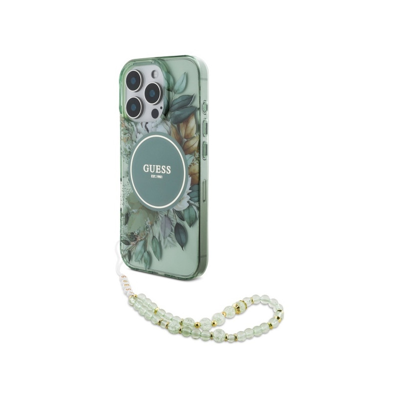 Guess IML Flowers With Pearl Strap MagSafe dėklas, skirtas iPhone 16 Pro Max - žalias
