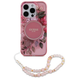 Guess IML Flowers With Pearl Strap MagSafe dėklas iPhone 16 Pro Max - rožinis