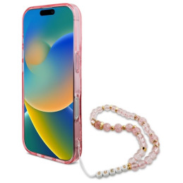 Guess IML Flowers With Pearl Strap MagSafe dėklas iPhone 16 Pro Max - rožinis