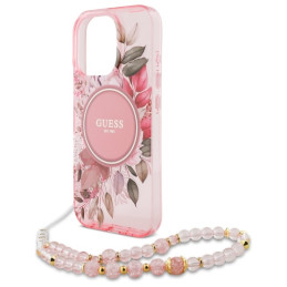 Guess IML Flowers With Pearl Strap MagSafe dėklas iPhone 16 Pro Max - rožinis