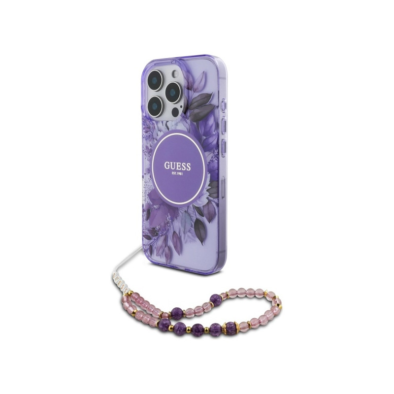 Guess IML Gėlės su perlų dirželiu MagSafe dėklas, skirtas iPhone 16 Pro Max - violetinė