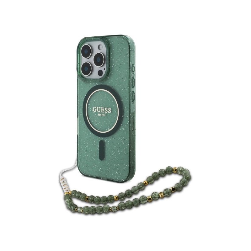 Guess IML Glitter With Pearl Strap MagSafe dėklas, skirtas iPhone 16 Pro Max - žalias