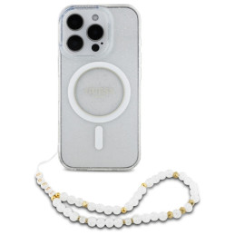 Guess IML Glitter With Pearl Strap MagSafe dėklas, skirtas iPhone 16 Pro Max - skaidrus