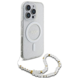 Guess IML Glitter With Pearl Strap MagSafe dėklas, skirtas iPhone 16 Pro Max - skaidrus