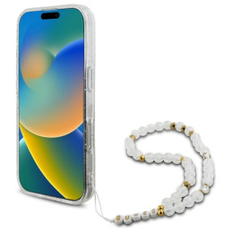 Guess IML Glitter With Pearl Strap MagSafe dėklas, skirtas iPhone 16 Pro Max - skaidrus
