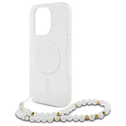 Guess IML Glitter With Pearl Strap MagSafe dėklas, skirtas iPhone 16 Pro Max - skaidrus
