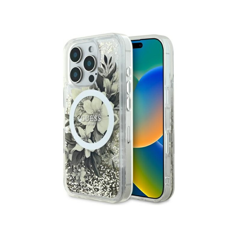 Guess Liquid Glitter Flower MagSafe dėklas iPhone 16 Pro Max - smėlio spalvos