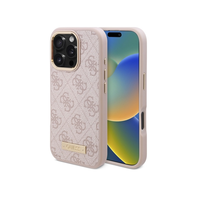 Guess 4G Logo Plate MagSafe dėklas iPhone 16 Pro Max - rožinis