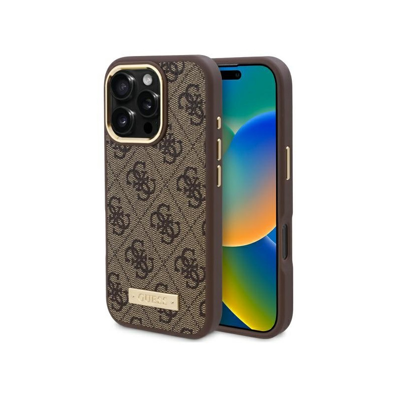 Guess 4G Logo Plate MagSafe dėklas, skirtas iPhone 16 Pro Max - rudas