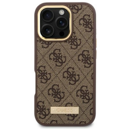 Guess 4G Logo Plate MagSafe dėklas, skirtas iPhone 16 Pro Max - rudas