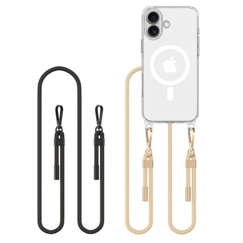 Tech-Protect FlexAir Chain MagSafe dėklas, skirtas iPhone 16 - skaidrus + 2 dirželiai (juoda ir pilkai ruda)