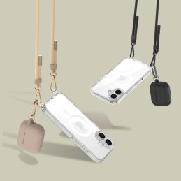 Tech-Protect FlexAir Chain MagSafe dėklas, skirtas iPhone 16 - skaidrus + 2 dirželiai (juoda ir pilkai ruda)