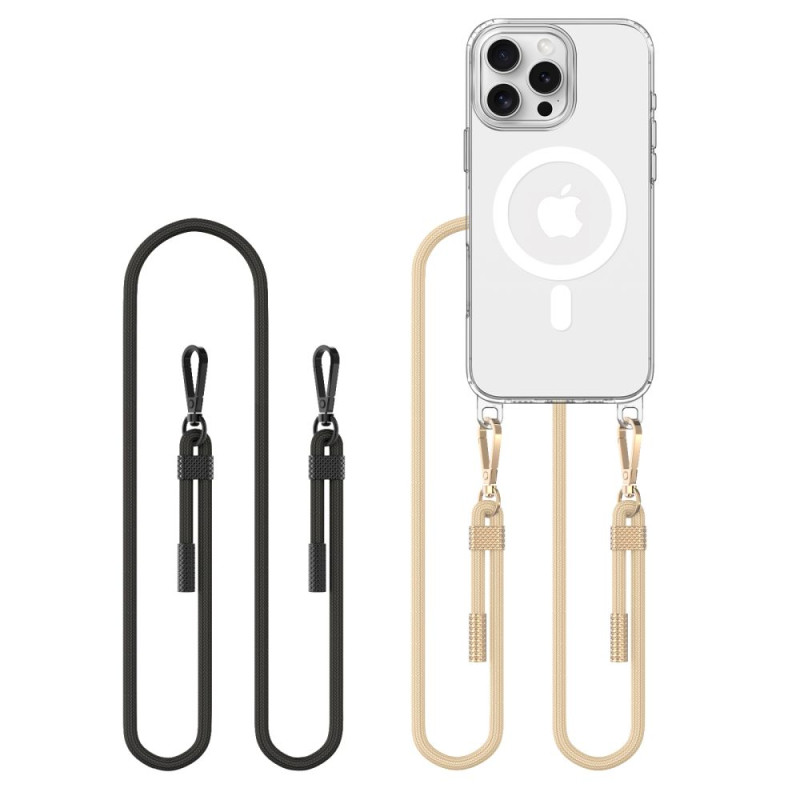 Tech-Protect FlexAir Chain MagSafe dėklas, skirtas iPhone 16 Pro - skaidrus + 2 dirželiai (juoda ir pilkai ruda)
