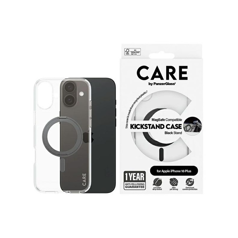 CARE by PanzerGlass Feature Kickstand Dėklas su MagSafe, skirtas iPhone 16 Plus – juodas