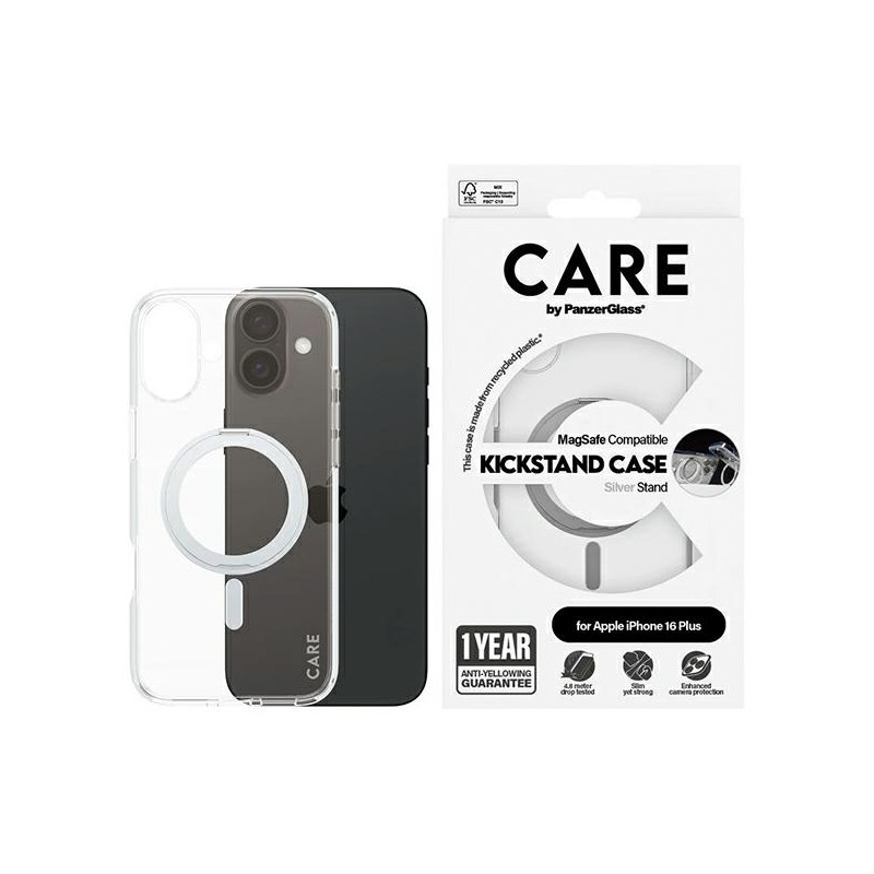 CARE by PanzerGlass Feature Kickstand Dėklas su MagSafe, skirtas iPhone 16 Plus – sidabrinis