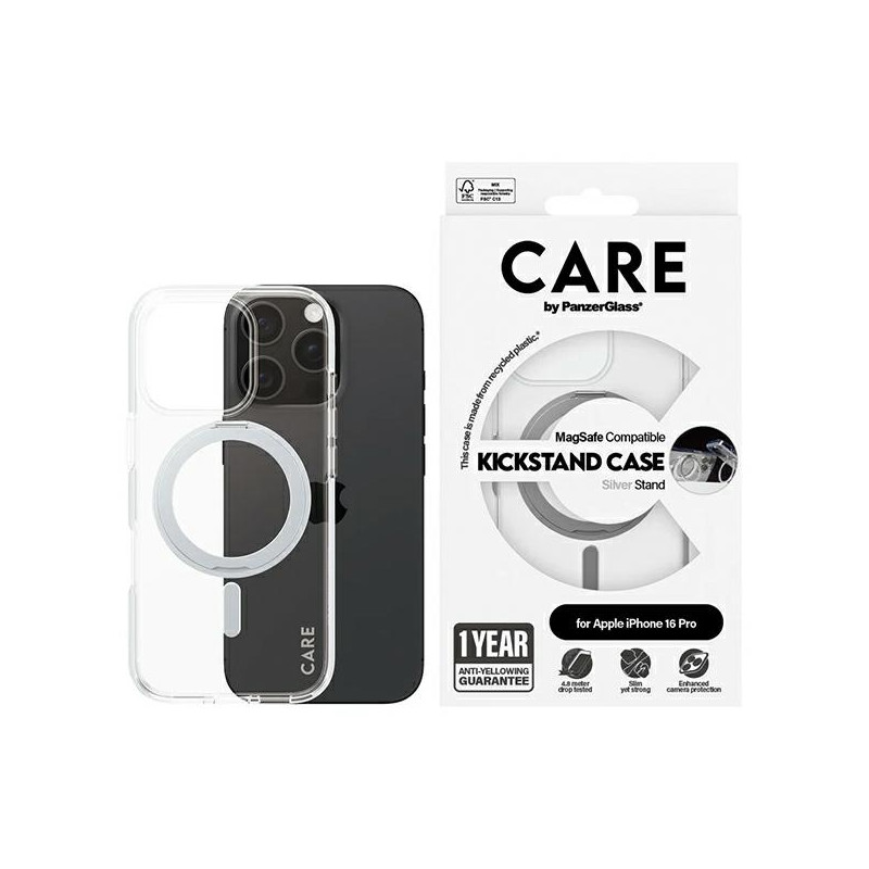 CARE by PanzerGlass Feature Kickstand Dėklas su MagSafe, skirtas iPhone 16 Pro – sidabrinis