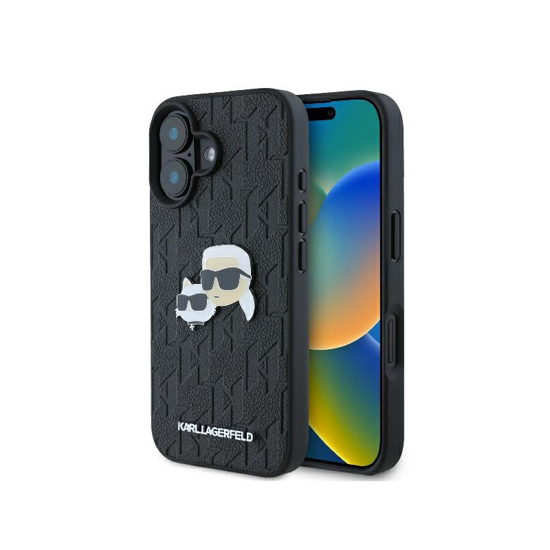 Karl Lagerfeld Monogram Karl & Choupette Head Pin dėklas iPhone 16 Plus - juodas