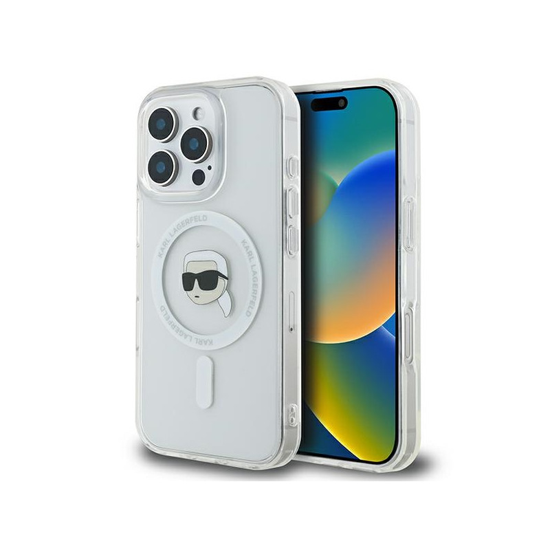 Karl Lagerfeld IML Metal Karl Head MagSafe dėklas iPhone 16 Pro - baltas
