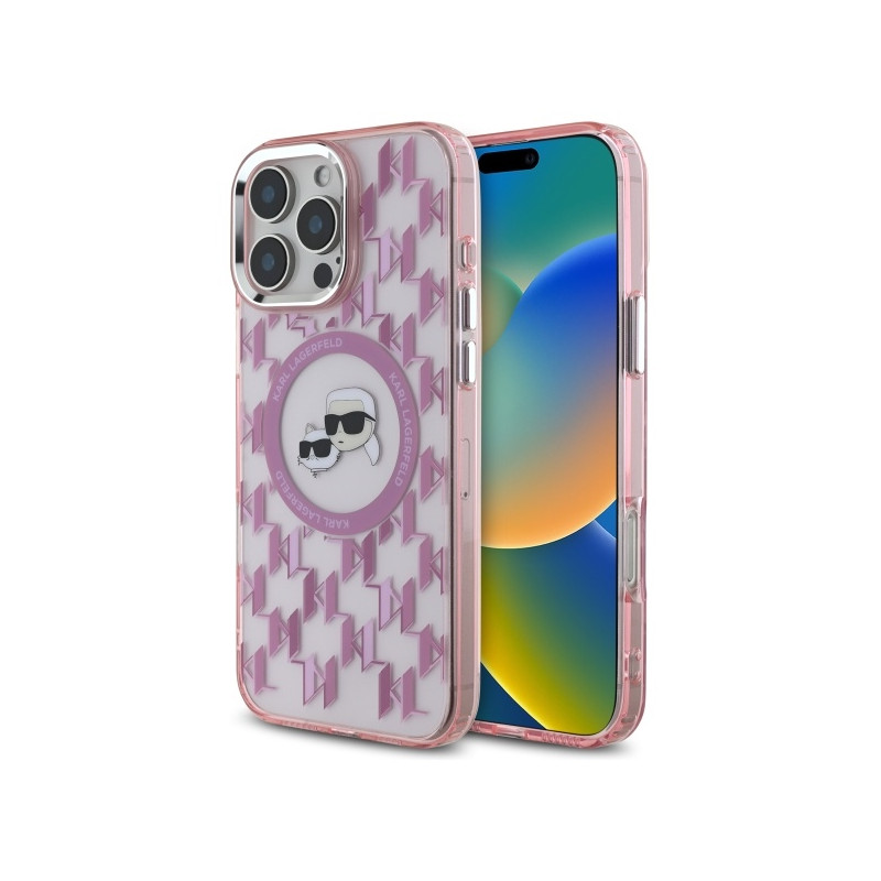 Karl Lagerfeld IML Monogram Karl & Choupette Head MagSafe dėklas iPhone 16 Pro - rožinis