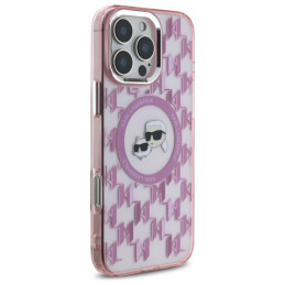 Karl Lagerfeld IML Monogram Karl & Choupette Head MagSafe dėklas iPhone 16 Pro - rožinis
