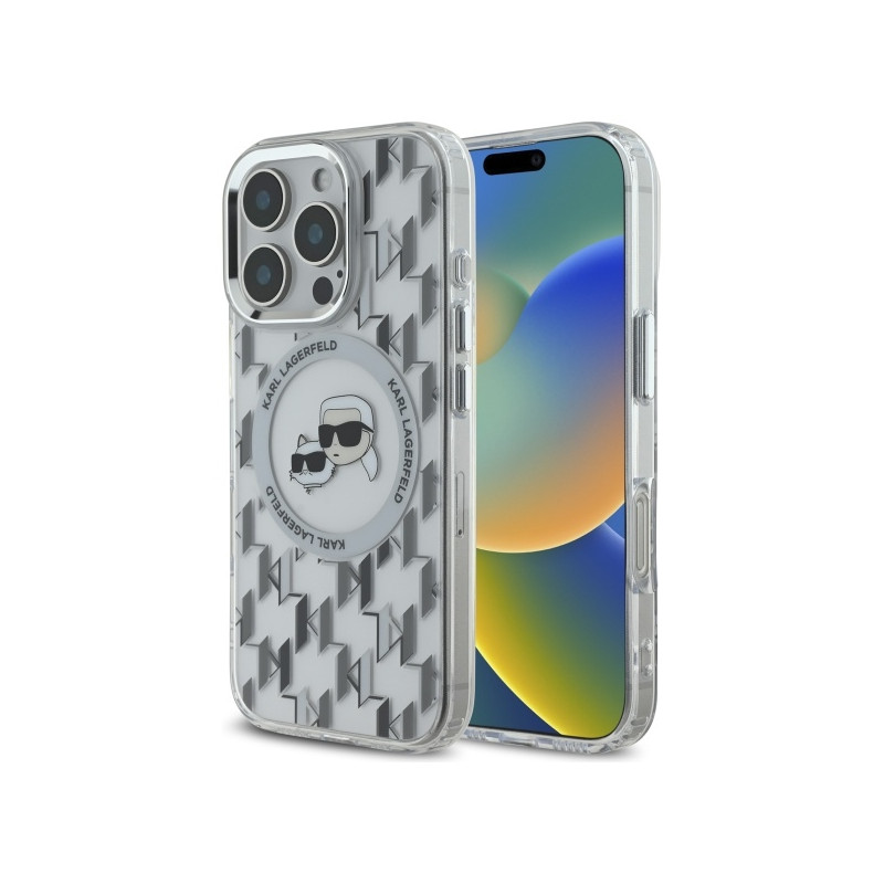 Karl Lagerfeld IML Monogram Karl & Choupette Head MagSafe dėklas iPhone 16 Pro - skaidrus