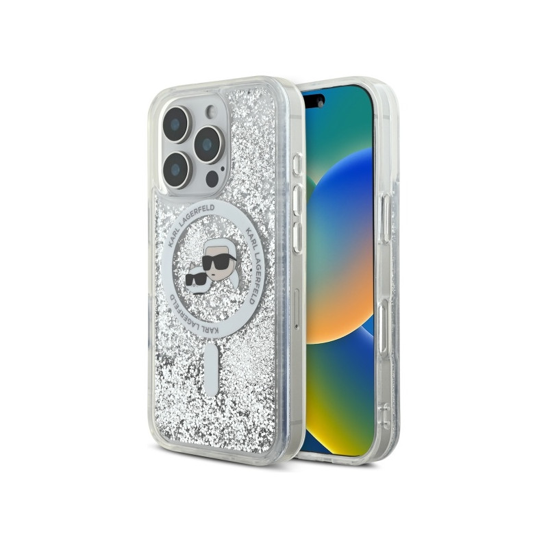 Karl Lagerfeld Liquid Glitter Karl & Choupette Head Magsafe dėklas iPhone 16 Pro - skaidrus