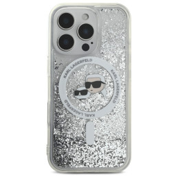 Karl Lagerfeld Liquid Glitter Karl & Choupette Head Magsafe dėklas iPhone 16 Pro - skaidrus
