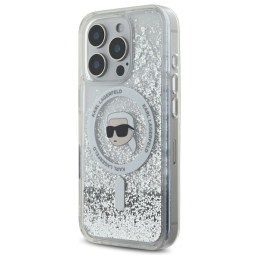 Karl Lagerfeld Liquid Glitter Karl Head Magsafe dėklas iPhone 16 Pro - skaidrus