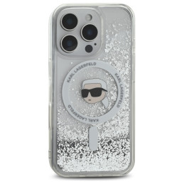 Karl Lagerfeld Liquid Glitter Karl Head Magsafe dėklas iPhone 16 Pro - skaidrus