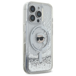 Karl Lagerfeld Liquid Glitter Karl Head Magsafe dėklas iPhone 16 Pro - skaidrus