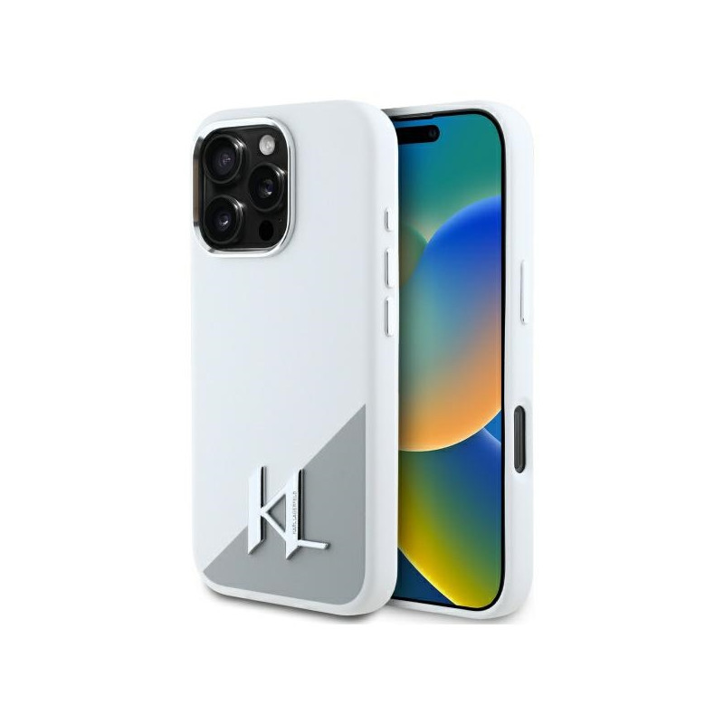 Karl Lagerfeld Silicone Shadow Metal Initial MagSafe dėklas iPhone 16 Pro - baltas