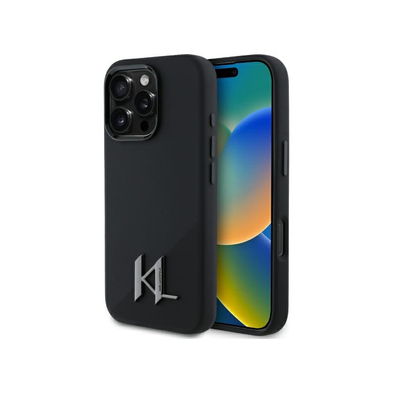 Karl Lagerfeld Silicone Shadow Metal Initial MagSafe dėklas iPhone 16 Pro - juodas