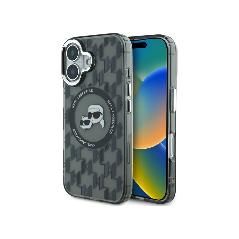 Karl Lagerfeld IML Monogram Karl & Choupette Head MagSafe dėklas iPhone 16 - juodas