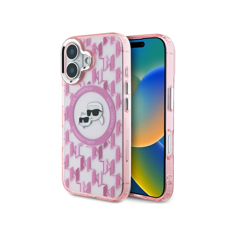 Karl Lagerfeld IML Monogram Karl & Choupette Head MagSafe dėklas iPhone 16 - rožinis