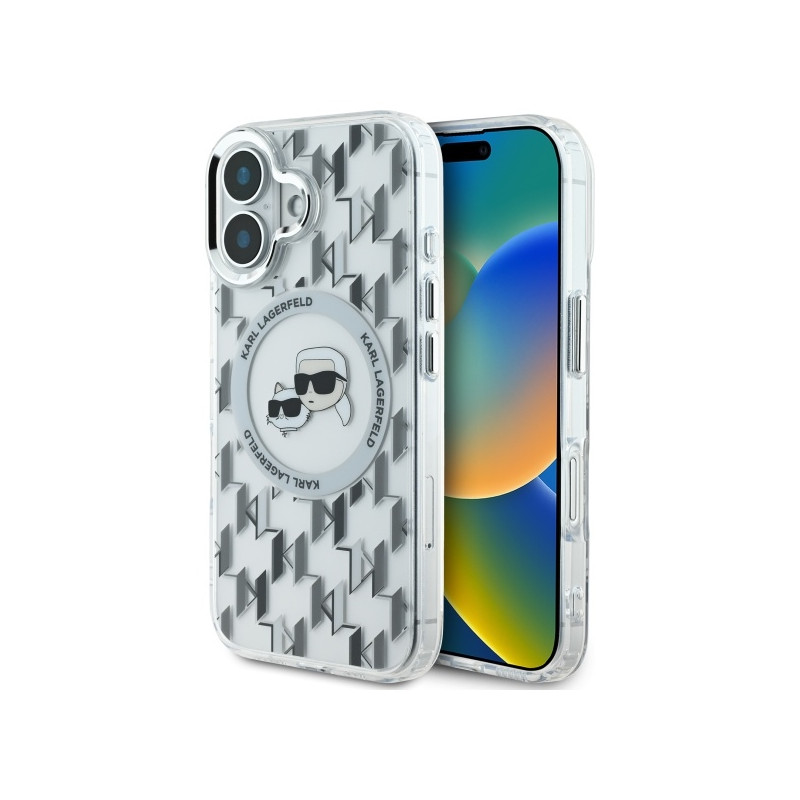 Karl Lagerfeld IML Monogram Karl & Choupette Head MagSafe dėklas iPhone 16 - skaidrus