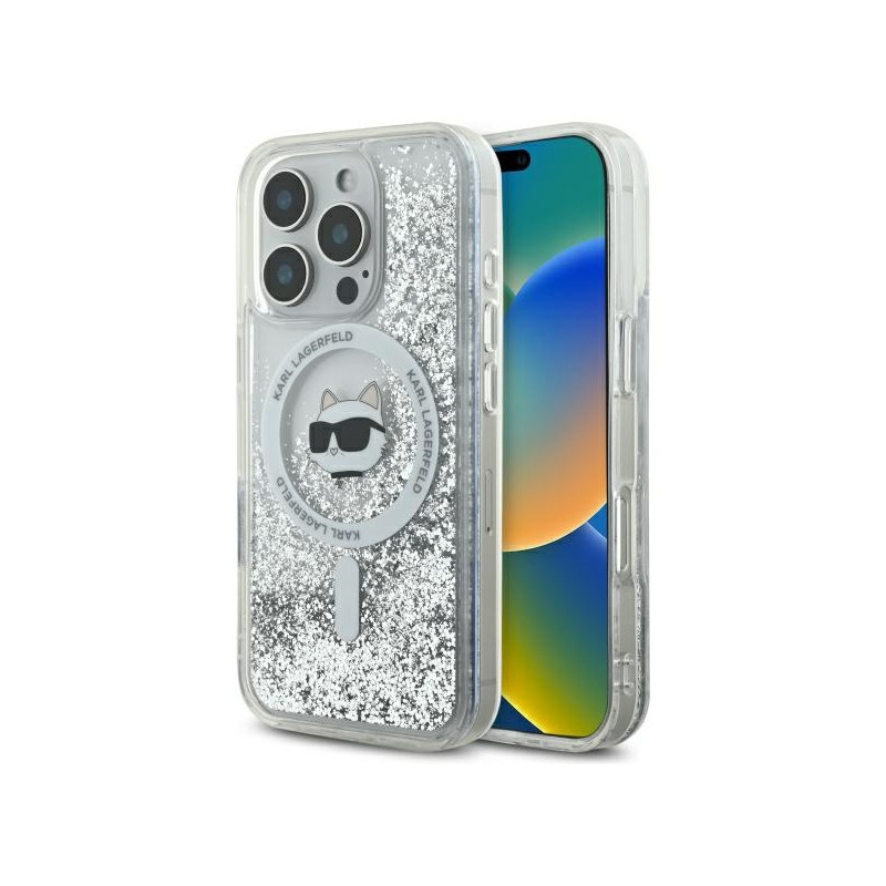 Karl Lagerfeld Liquid Glitter Choupette Head Magsafe dėklas, skirtas iPhone 16 Pro Max - skaidrus