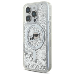 Karl Lagerfeld Liquid Glitter Karl & Choupette Head Magsafe dėklas, skirtas iPhone 16 Pro Max - skaidrus