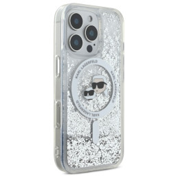 Karl Lagerfeld Liquid Glitter Karl & Choupette Head Magsafe dėklas, skirtas iPhone 16 Pro Max - skaidrus