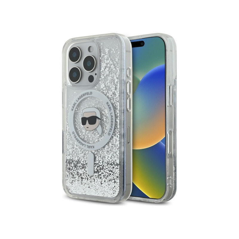 Karl Lagerfeld Liquid Glitter Karl Head Magsafe dėklas, skirtas iPhone 16 Pro Max - skaidrus