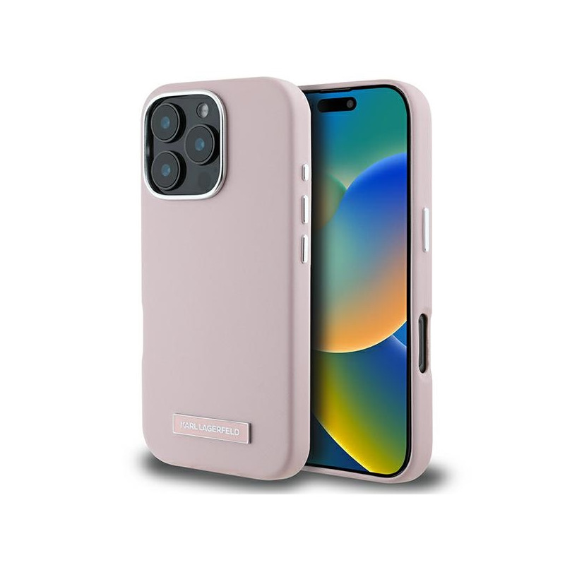 Karl Lagerfeld FW Metal Plate MagSafe dėklas iPhone 16 Pro Max - rožinis