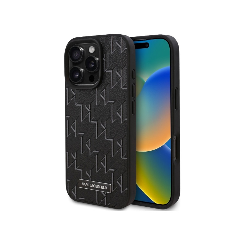 Karl Lagerfeld odinė monograma, metalinis logotipas MagSafe dėklas, skirtas iPhone 16 Pro Max – juodas