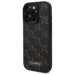 Karl Lagerfeld odinė monograma, metalinis logotipas MagSafe dėklas, skirtas iPhone 16 Pro Max – juodas