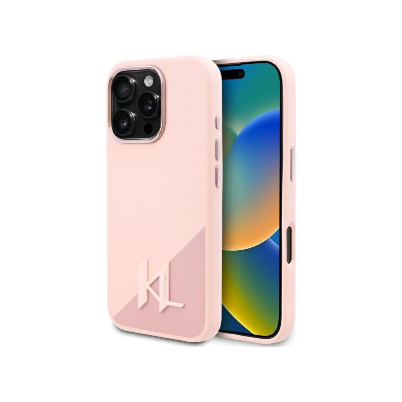 Karl Lagerfeld Silicone Shadow Metal Initial MagSafe dėklas, skirtas iPhone 16 Pro Max - rožinis