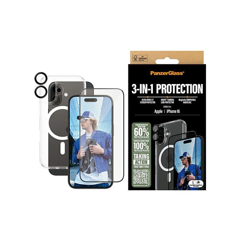 PanzerGlass Bundle 3in1 rinkinys permatomas dėklas + folija + fotoaparato stiklas, skirtas iPhone 16