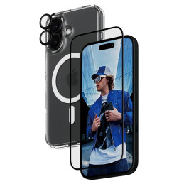 PanzerGlass Bundle 3in1 rinkinys permatomas dėklas + folija + fotoaparato stiklas, skirtas iPhone 16